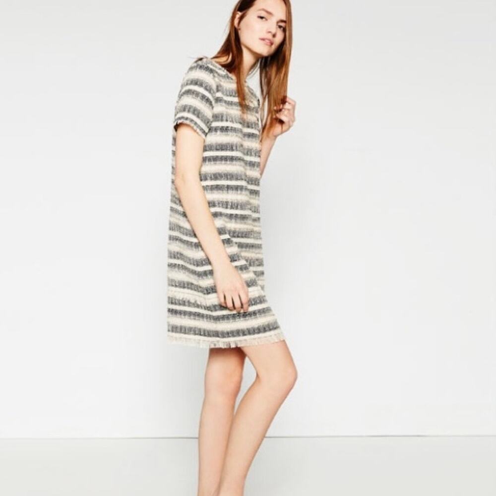 Zara Low Back Cream Black Striped Tweed Shift Dress with Fringe Detail Small - Picture 2 of 11